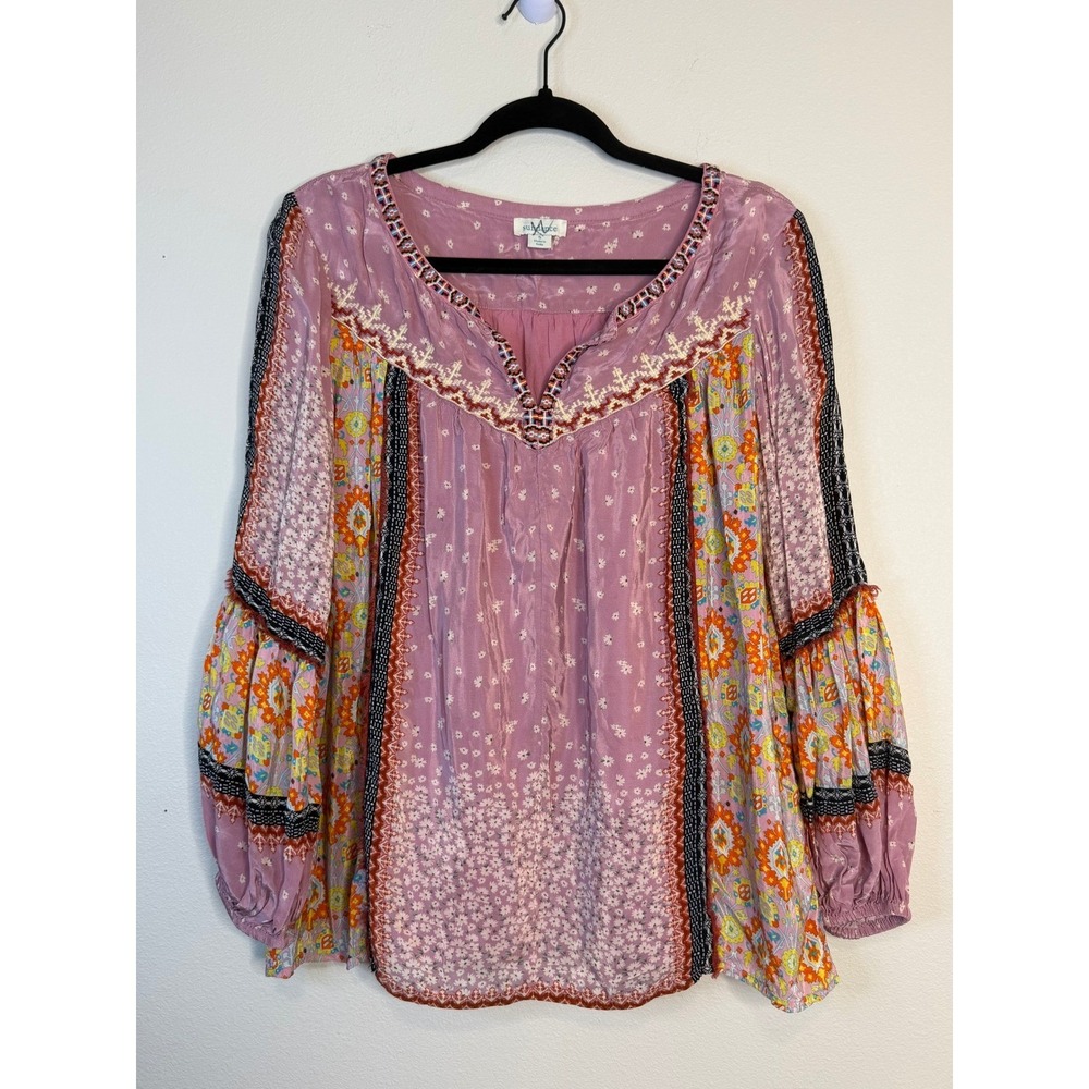 Sundance Purple Orange Mixed Floral Patchwork Boho Embroidered Peasant Blouse S